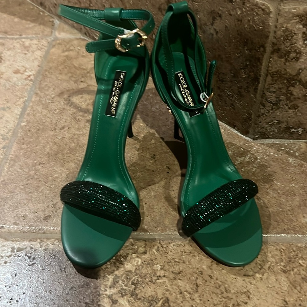 Green designer monogrammed high heels